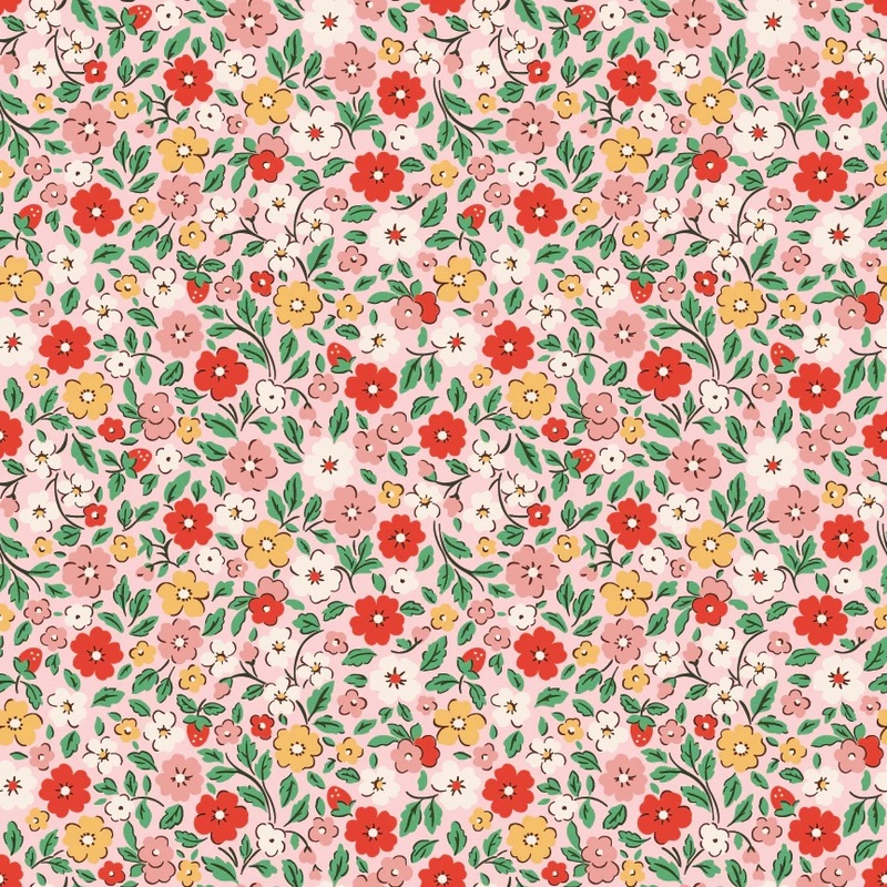 Colorful floral pattern featuring various blossoms and green leaves on a light pink background.