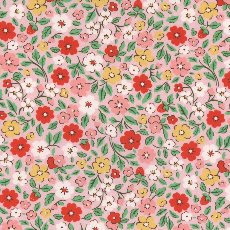 Colorful floral pattern featuring various blossoms and green leaves on a light pink background.