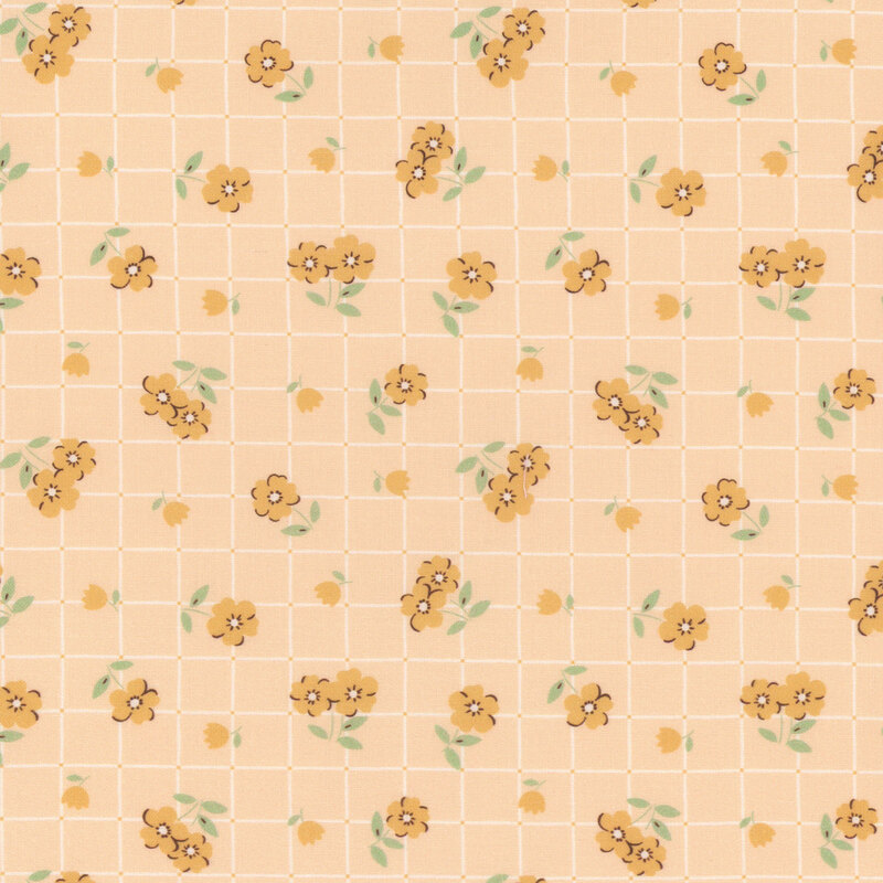 Pastel yellow fabric featuring a grid pattern covered in small yellow florals.