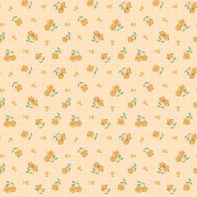 Pastel yellow fabric featuring a grid pattern covered in small yellow florals.