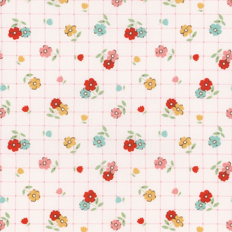 Cream fabric featuring a grid pattern covered in small colorful florals.