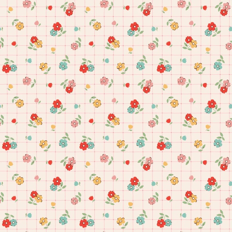 Cream fabric featuring a grid pattern covered in small colorful florals.