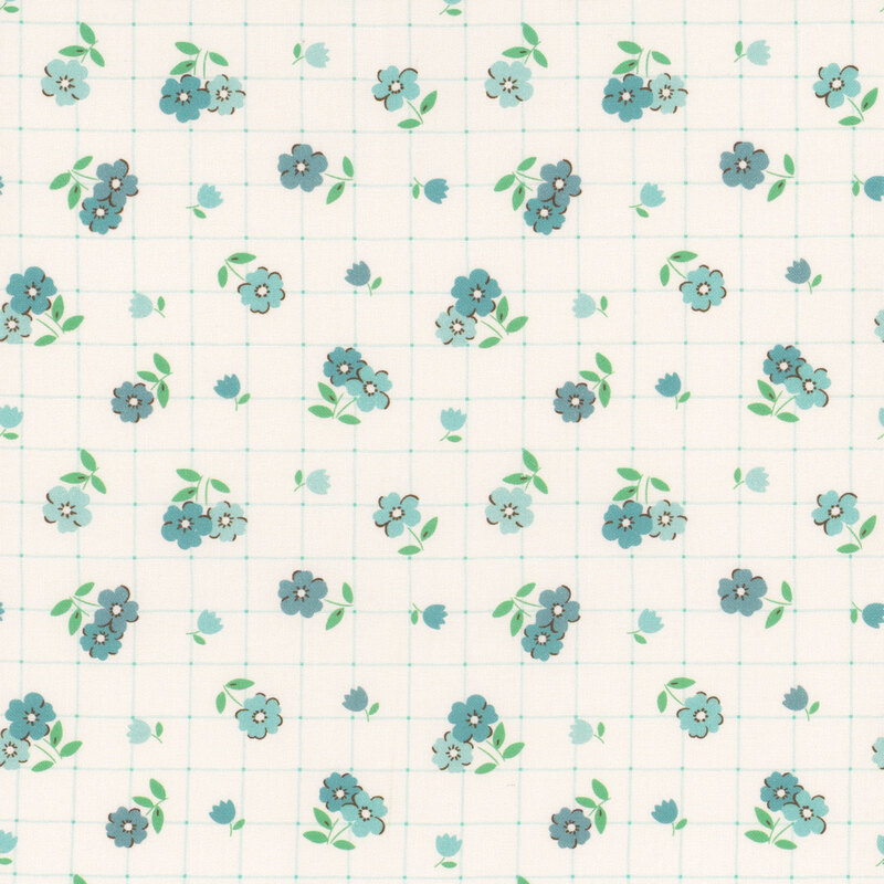 Cream fabric featuring a grid pattern covered in small teal florals.