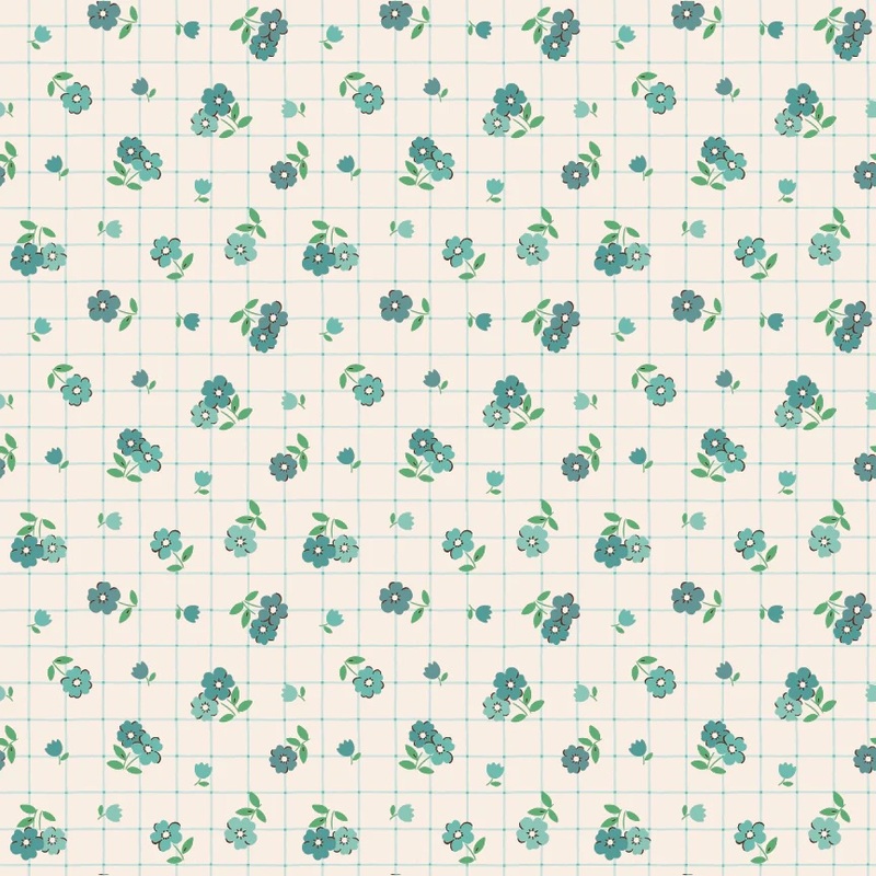 Cream fabric featuring a grid pattern covered in small teal florals.