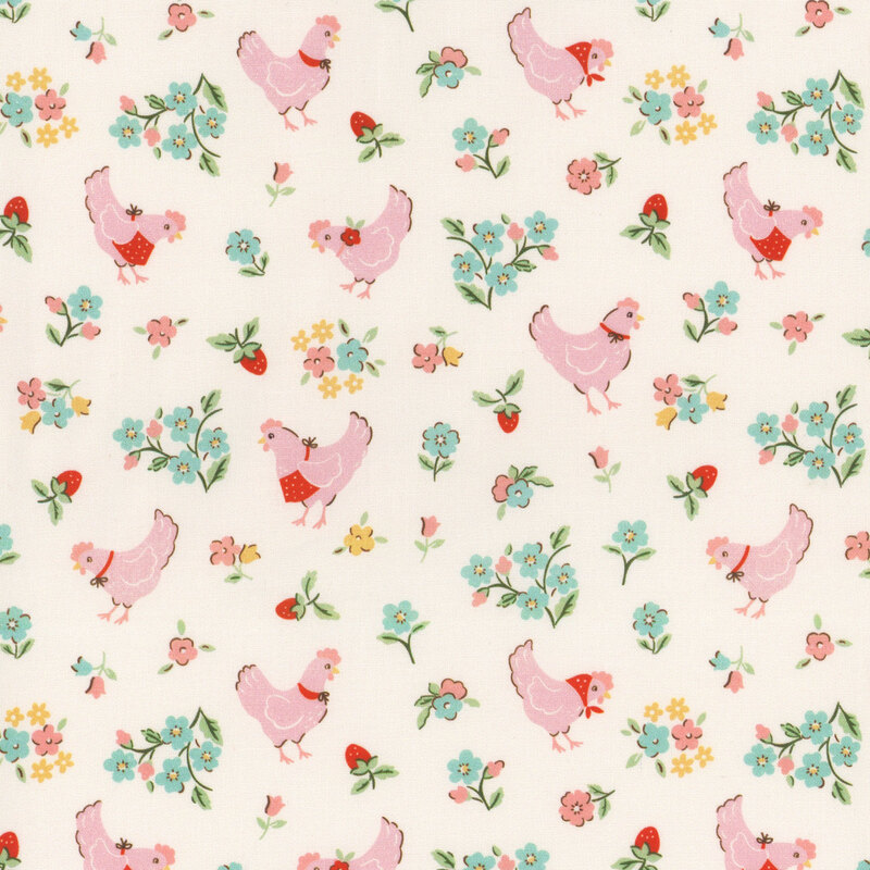 Cream fabric featuring pink chickens and colorful flowers and leaves scattered throughout.