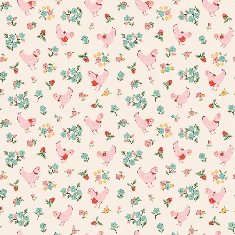 Cream fabric featuring pink chickens and colorful flowers and leaves scattered throughout.