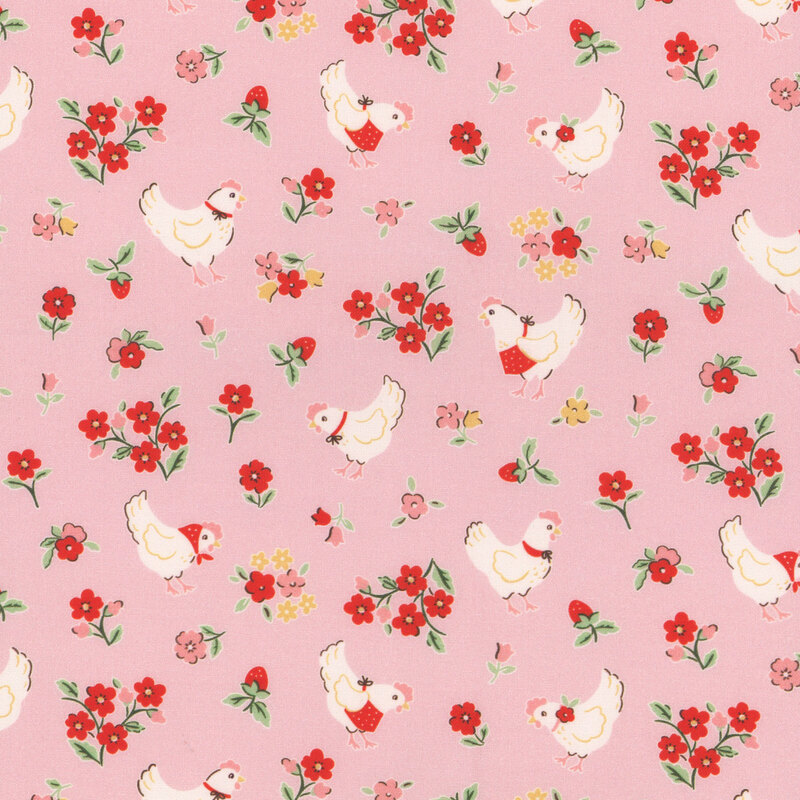 Pink fabric featuring cream chickens and colorful flowers and leaves scattered throughout.