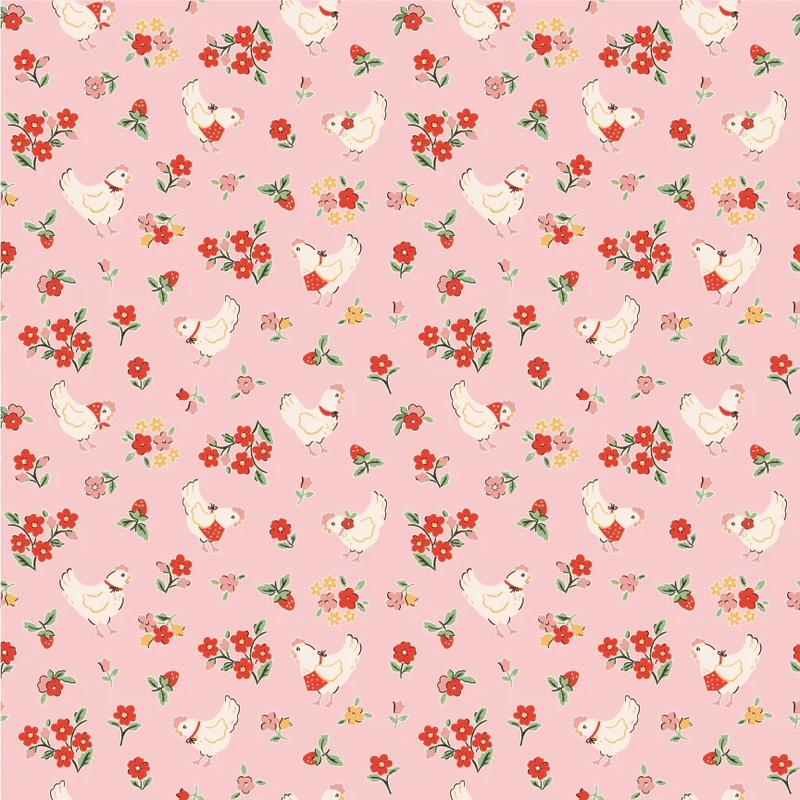 Pink fabric featuring cream chickens and colorful flowers and leaves scattered throughout.