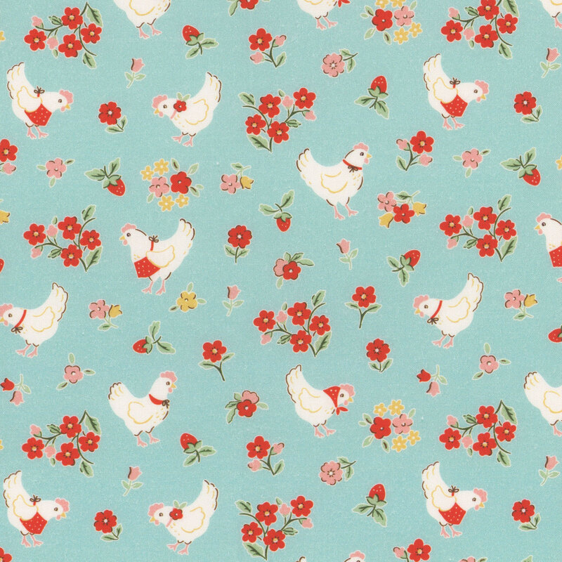 Turquoise fabric featuring cream chickens and colorful flowers and leaves scattered throughout.