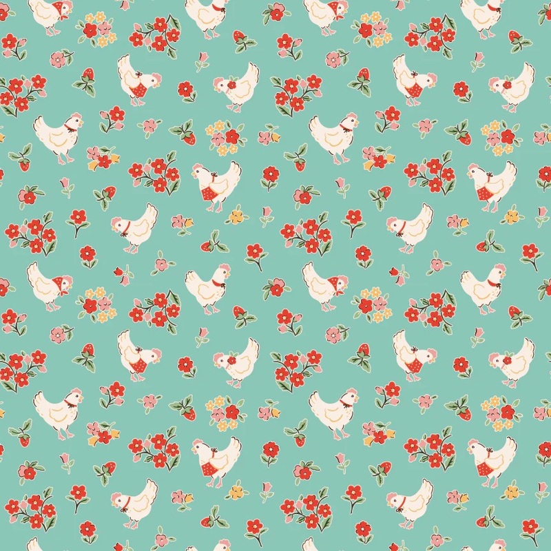 Turquoise fabric featuring cream chickens and colorful flowers and leaves scattered throughout.