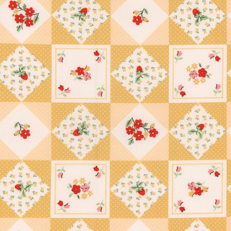 A repeating pattern of diamond shapes with floral designs in shades of yellow and cream