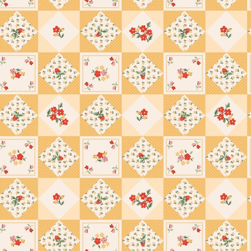 A repeating pattern of diamond shapes with floral designs in shades of yellow and cream