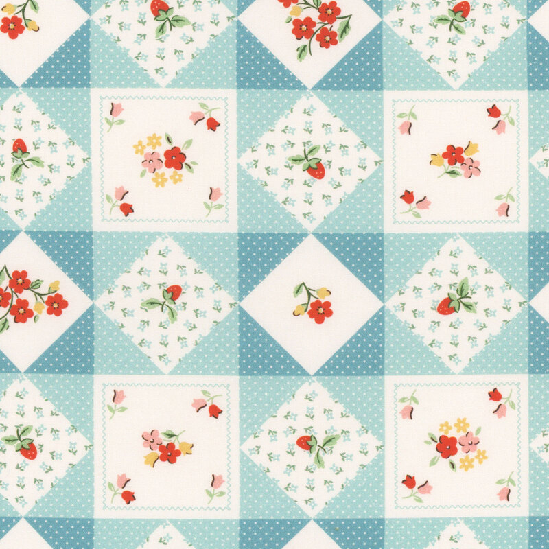 A repeating pattern of diamond shapes with floral designs in shades of cream and teal.
