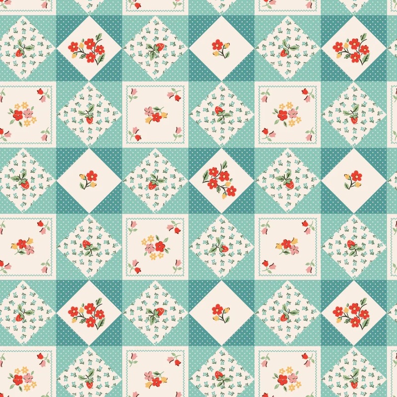 A repeating pattern of diamond shapes with floral designs in shades of cream and teal.