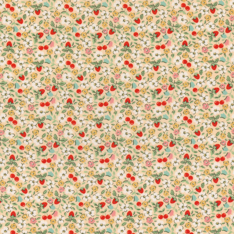A floral pattern featuring small colorful flowers and strawberries on a light yellow background.