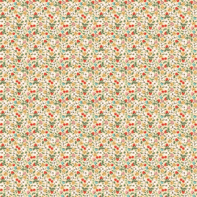 A floral pattern featuring small colorful flowers and strawberries on a light yellow background.