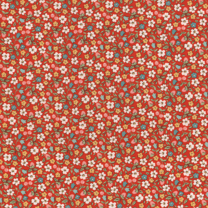 A floral pattern featuring small colorful flowers and strawberries on a red background.