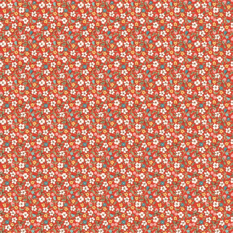 A floral pattern featuring small colorful flowers and strawberries on a red background.