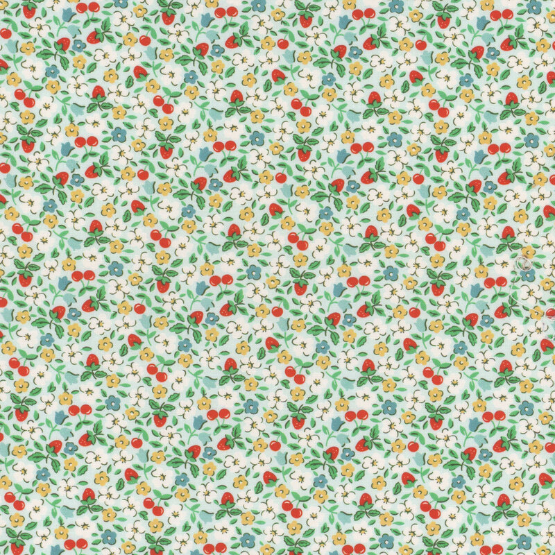 A floral pattern featuring small colorful flowers and strawberries on a light aqua background.