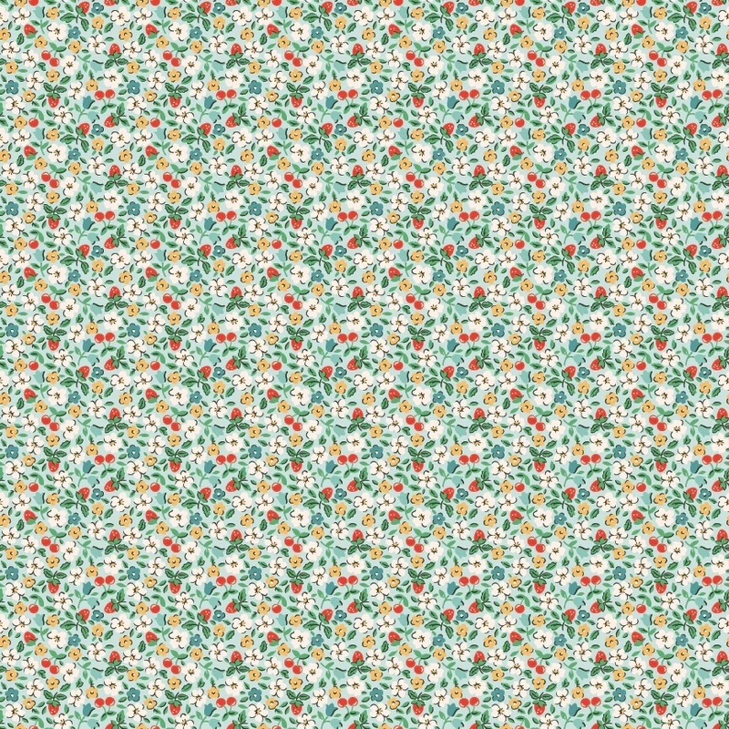 A floral pattern featuring small colorful flowers and strawberries on a light aqua background.