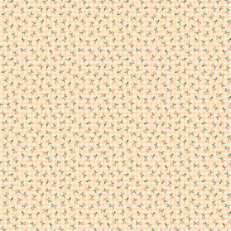 A cream and yellow gingham fabric with a ditsy pattern of cherries