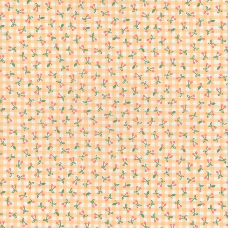 A cream and yellow gingham fabric with a ditsy pattern of cherries