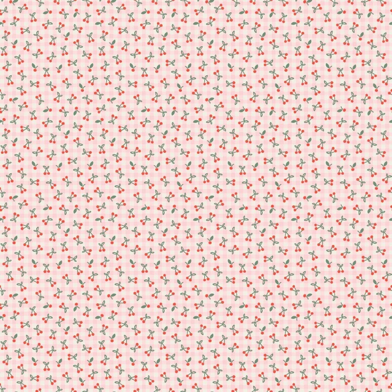 A cream and pink gingham fabric with a ditsy pattern of cherries