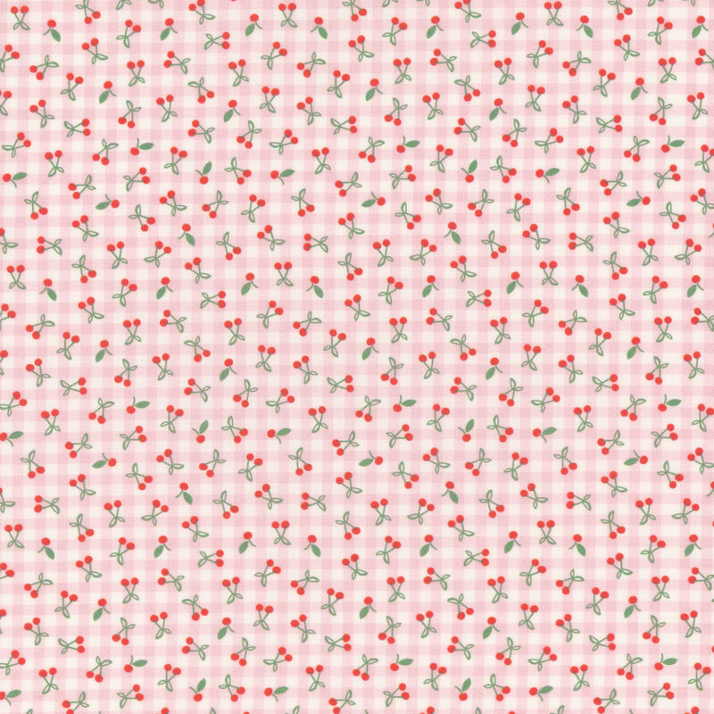 A cream and pink gingham fabric with a ditsy pattern of cherries