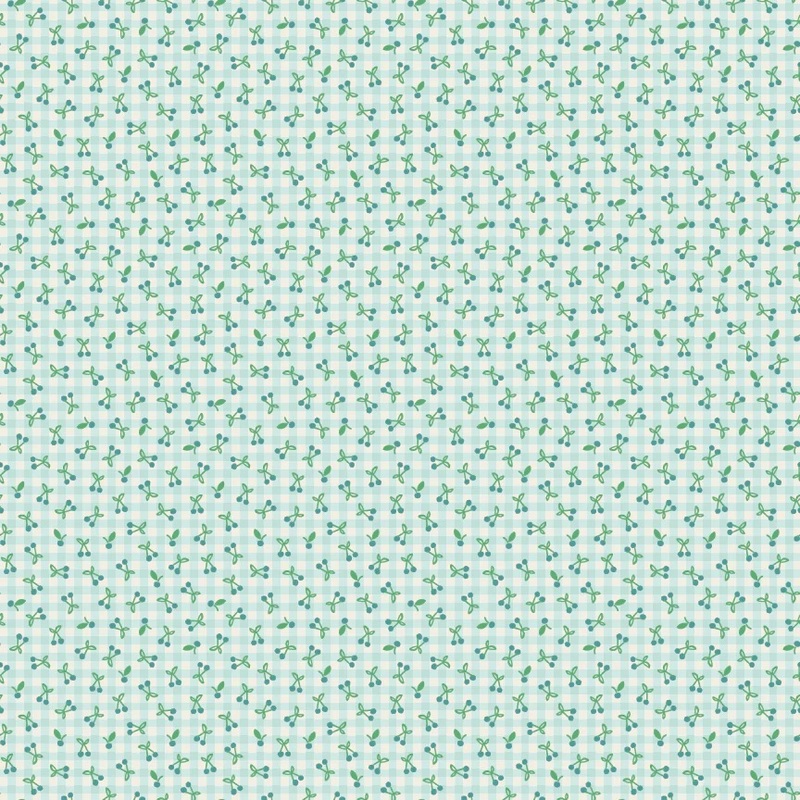 A cream and light aqua gingham fabric with a ditsy pattern of cherries