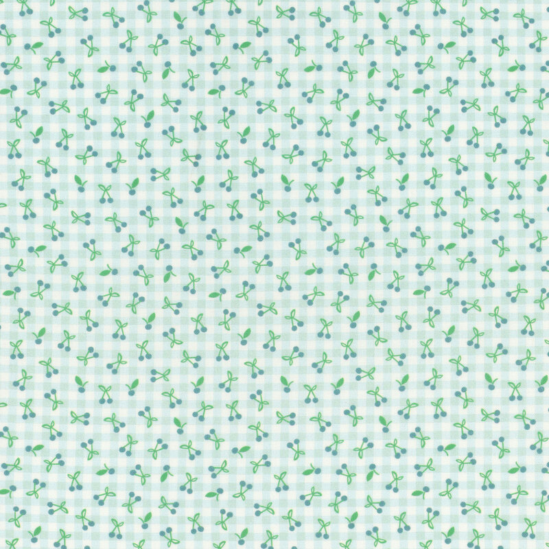 A cream and light aqua gingham fabric with a ditsy pattern of cherries