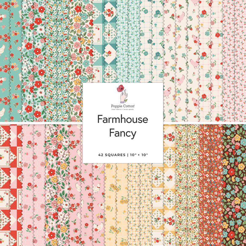 Collage of fabrics in the Farmhouse Fancy layer cake featuring a variety of floral prints.