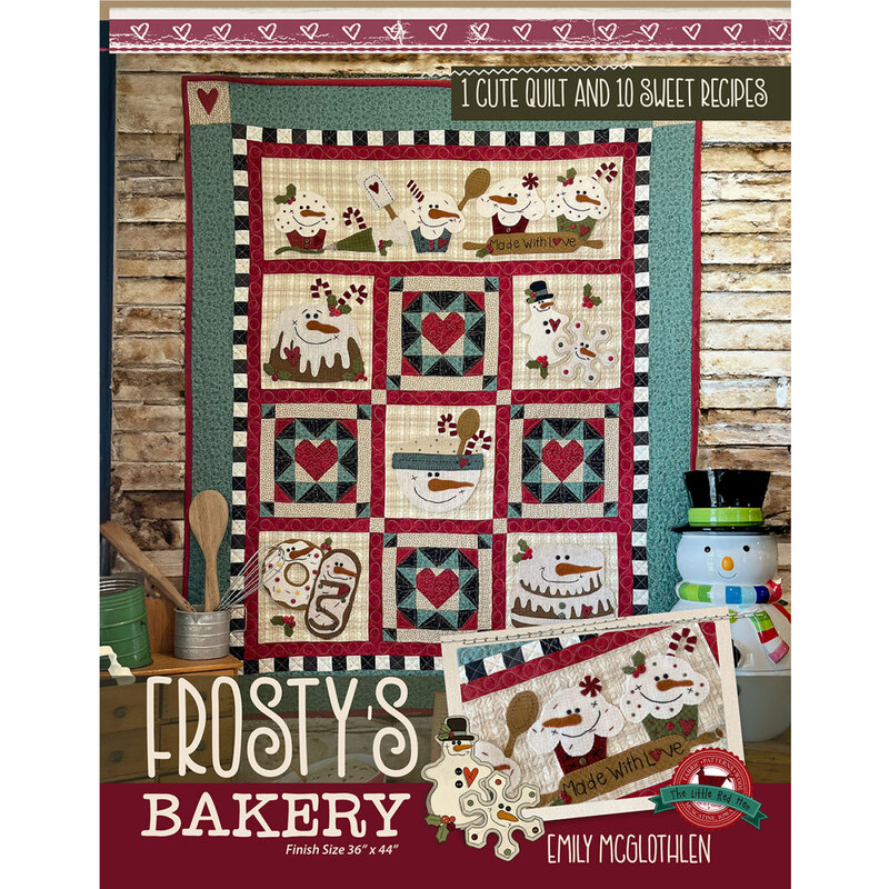 Cover of Frosty's Bakery featuring an appliqué quilt with food-themed blocks, winter decor, and a snowman.