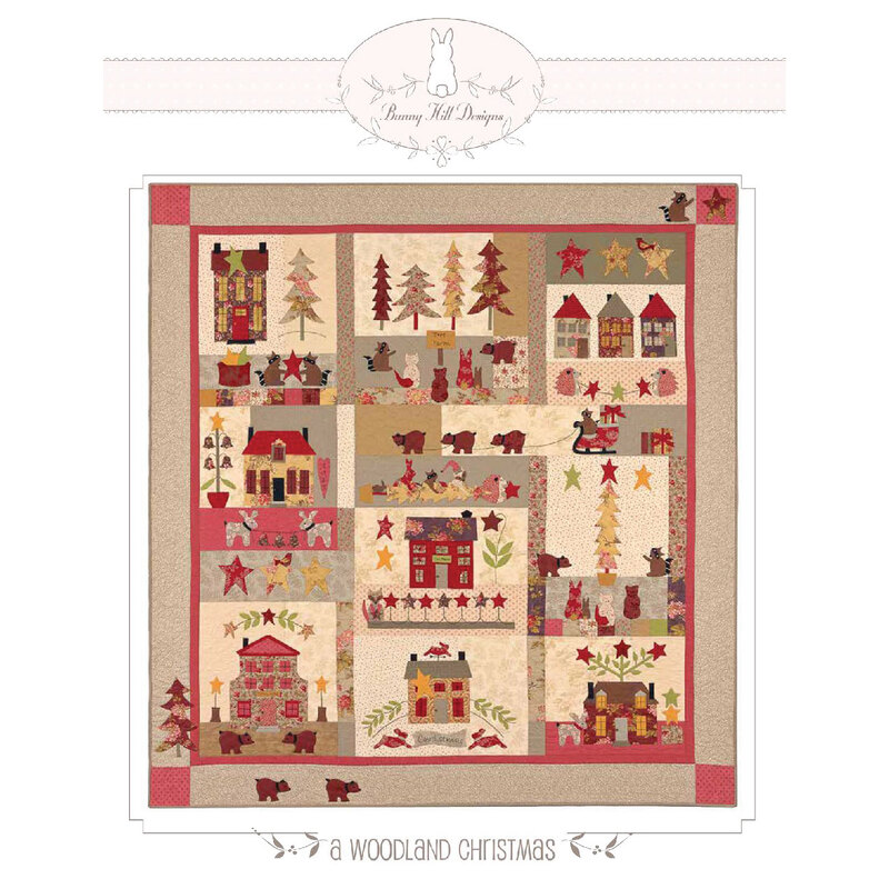 A quilt design featuring woodland scenes, houses, trees, and stars in festive colors and patterns.