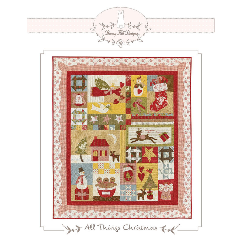 A colorful quilt featuring various Christmas-themed patches, including trees, stockings, and stars.