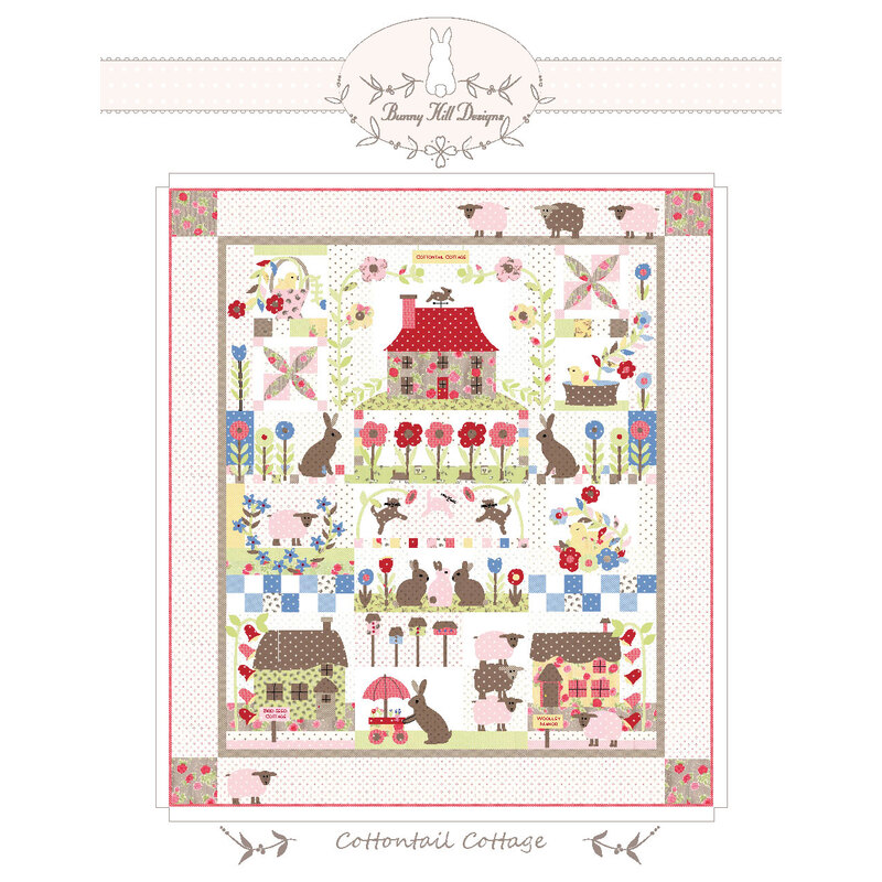 A whimsical quilt design featuring a cottage, flowers, and playful animals in a colorful layout.