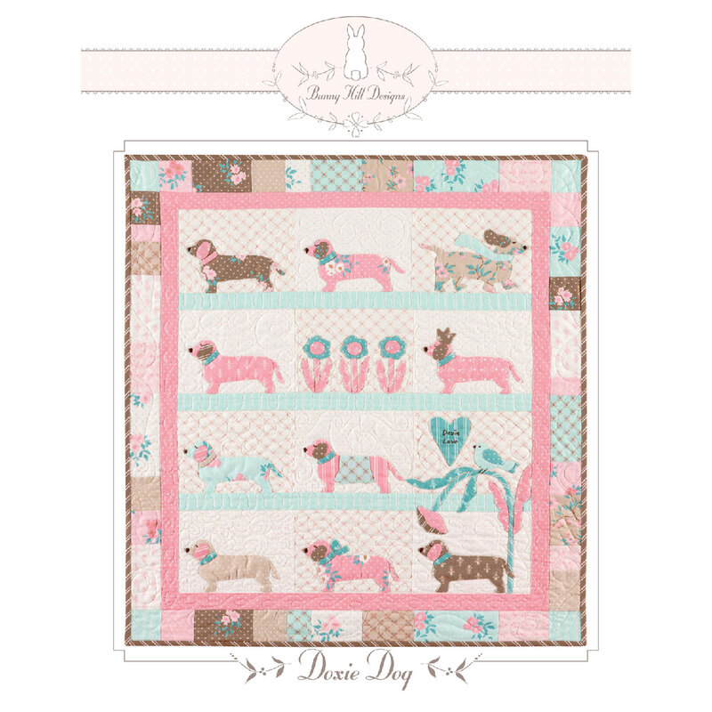 Colorful quilt design featuring playful dogs, floral patterns, and whimsical elements.