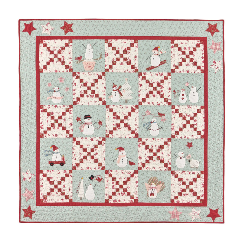 A patterned quilt with alternating blocks featuring snowmen and winter-themed designs in pastel colors.