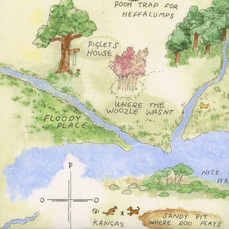 A multicolored fabric featuring an illustration of Christopher Robin's map of the Hundred Acre Wood.