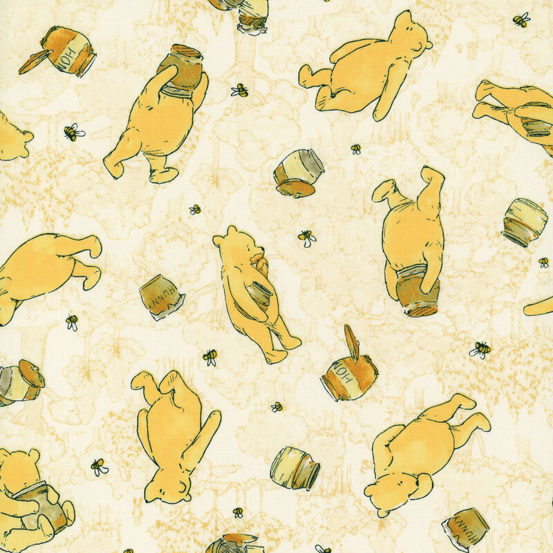Tossed illustrations of Winnie the Pooh on a cider yellow background of the Hundred Acre Wood.