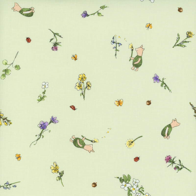Pastel green fabric with illustrations of Piglet and tossed floral sprigs.
