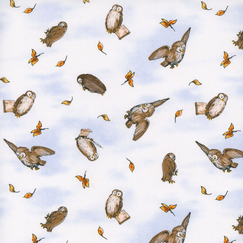 Ditsy illustrations of Owl and autumn leaves on a soft brushed white and periwinkle background to mimic windy clouds.