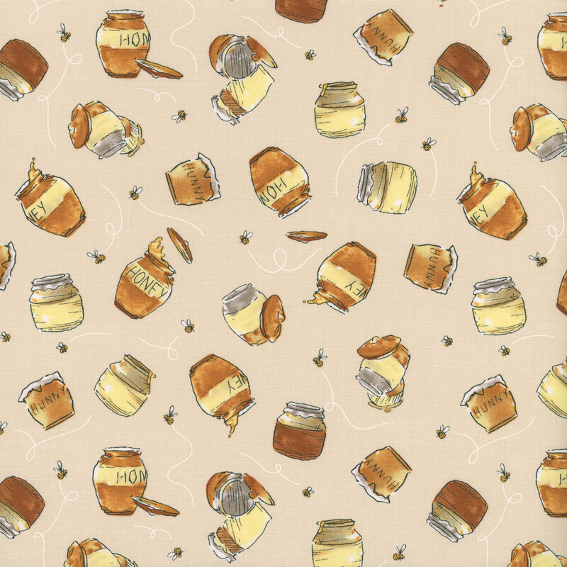 Pastel taupe fabric with tossed illustrations of Winnie the Pooh's honey jars and buzzing bees.