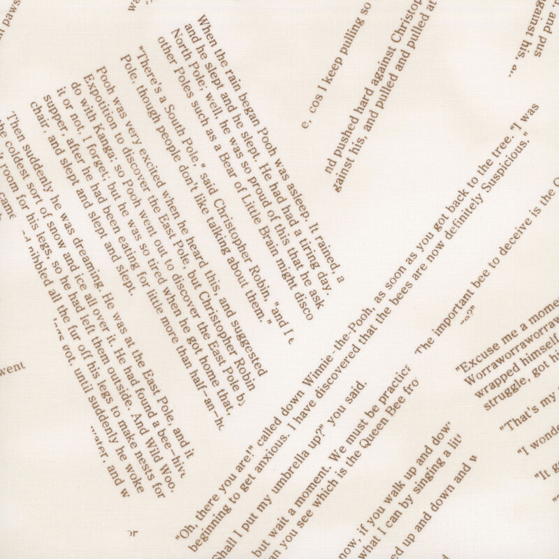 Cream fabric with a photorealistic design of overlapping loose papers of the Winnie the Pooh book.
