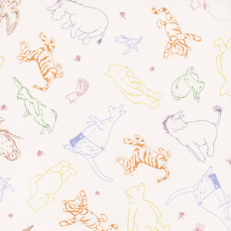White fabric with tossed multicolor illustrations of Pooh and his friends.