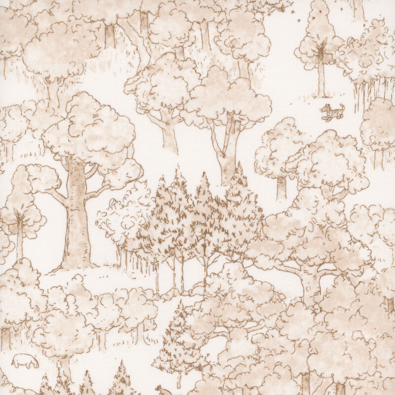 White fabric with a packed sepia-colored design of the trees in the Hundred Acre Wood, with tiny illustrations of Christopher Robin and his friends amongst the trees.