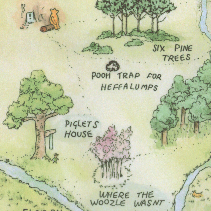 A multicolor minky fabric featuring an illustration of Christopher Robin's map of the Hundred Acre Wood.