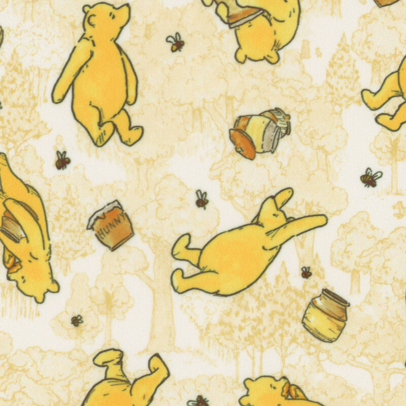 Minky fabric with tossed illustrations of Winnie the Pooh on a cider yellow background of the Hundred Acre Wood.
