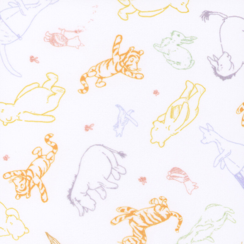 White minky fabric with tossed multicolor illustrations of Pooh and his friends.