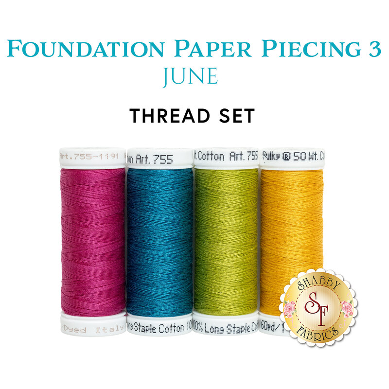 Four spools of thread in magenta, blue, lime green, and golden yellow, underneath a text graphic that reads 