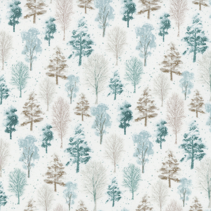 Illustration of various trees in pastel colors, arranged on a light fabric with subtle snowflakes.